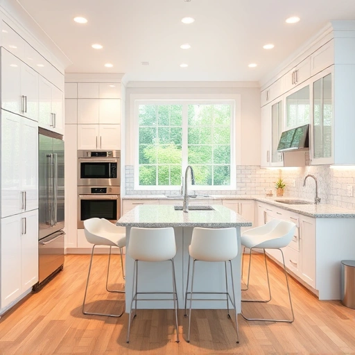 Modern kitchen installation in Kenly NC with white cabinetry, granite countertops, and stainless steel appliances.