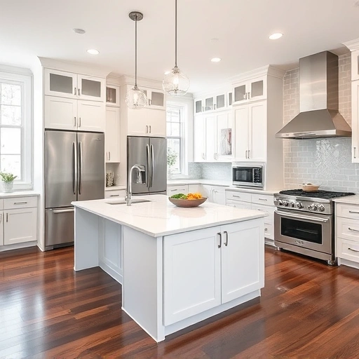 Spacious modern kitchen in Apex NC with white cabinets, quartz island, gray backsplash, and stainless steel appliances.