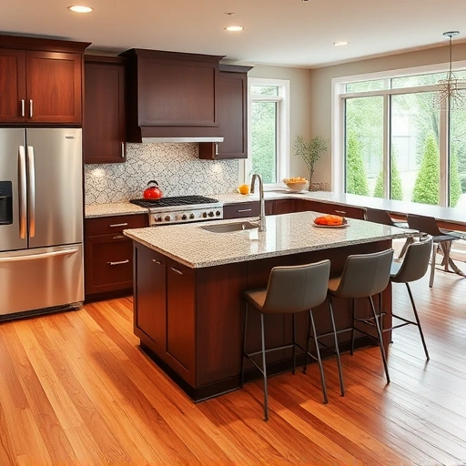 Modern kitchen installation in Dunn, NC featuring dark wood cabinetry, granite island, and elegant finishes. Natural light flows in.