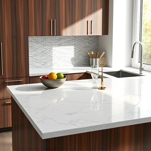 Modern kitchen in the Triangle area featuring polished quartz countertop, dark wood cabinetry, and mosaic tile backsplash.