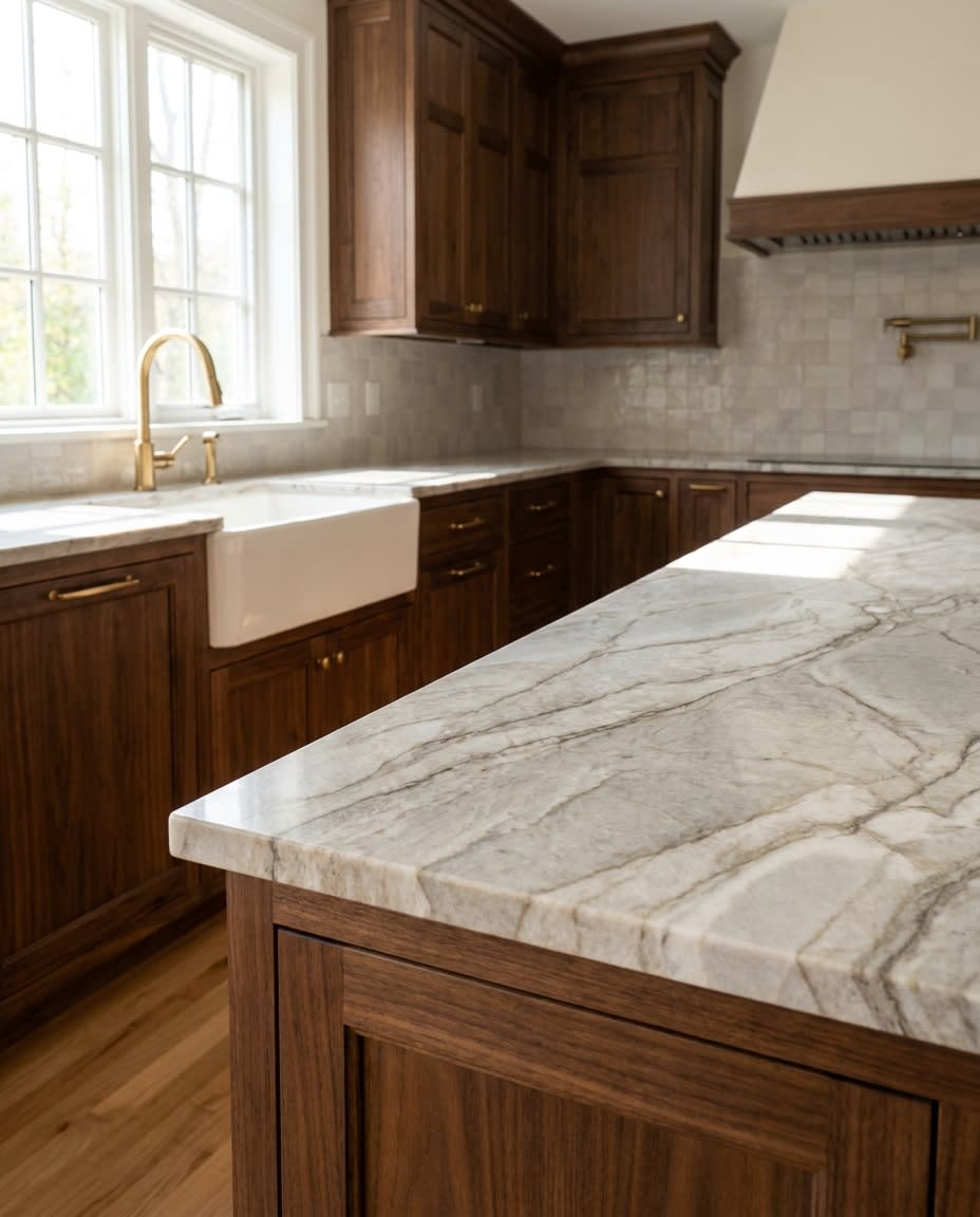 Close-up of premium kitchen cabinetry and stone countertop