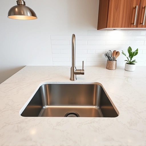 Modern kitchen sink installation in the Triangle area with stainless steel sink, granite countertop, and elegant cabinetry.