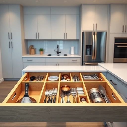 Drawer organizer installation in a modern Triangle-area kitchen featuring wooden compartments for utensils and spices.