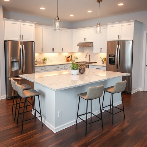 Modern kitchen peninsula installation in the Triangle area featuring quartz countertops, minimalist cabinetry, and stylish bar stools.