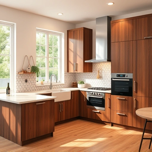 Modern kitchen cabinet installation in the Triangle area featuring rich wood finish, quartz countertop, and elegant backsplash.