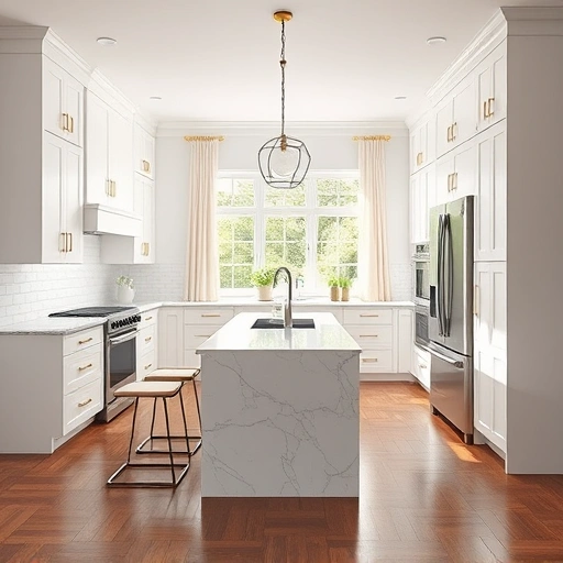 Spacious modern kitchen with matte white cabinets, gold hardware, marble countertop, and stainless steel appliances.