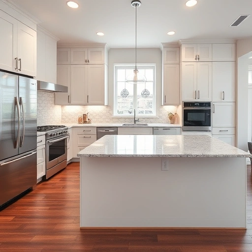 New kitchen installation in Carrboro NC with sleek design, granite island, elegant cabinetry, and natural lighting.