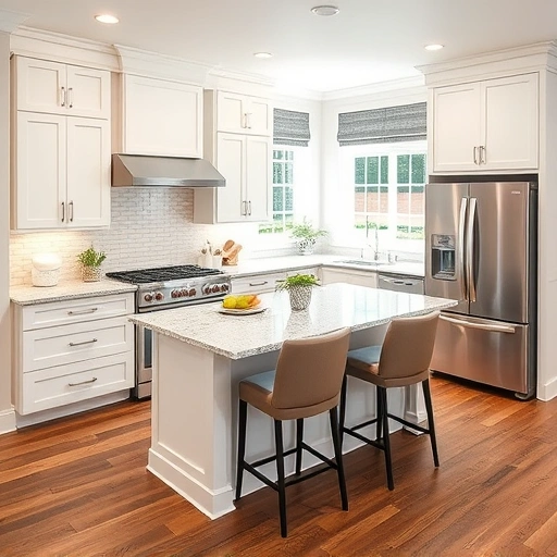 Spacious Apex NC kitchen with white cabinetry, granite countertops, stylish backsplash, and modern stainless steel appliances.