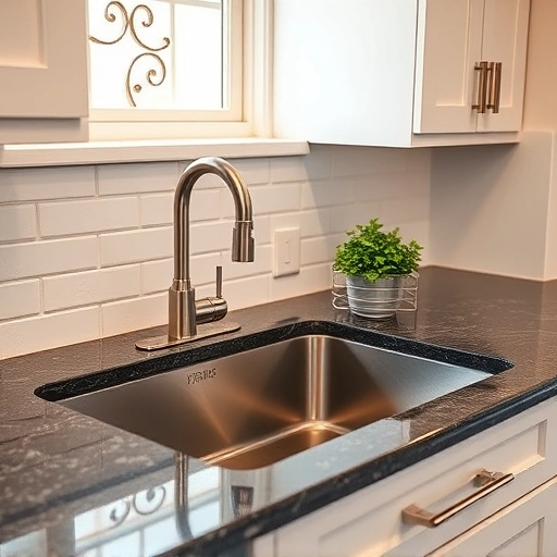 Modern kitchen sink installation in the Triangle area featuring a stainless-steel sink, granite countertop, and white subway tile backsplash.