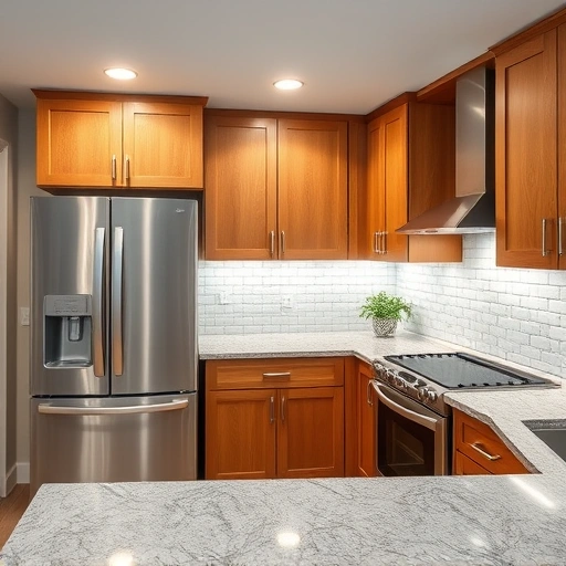 Completed kitchen backsplash in the Triangle area with glossy white subway tiles in herringbone pattern accented by metallic silver tile.