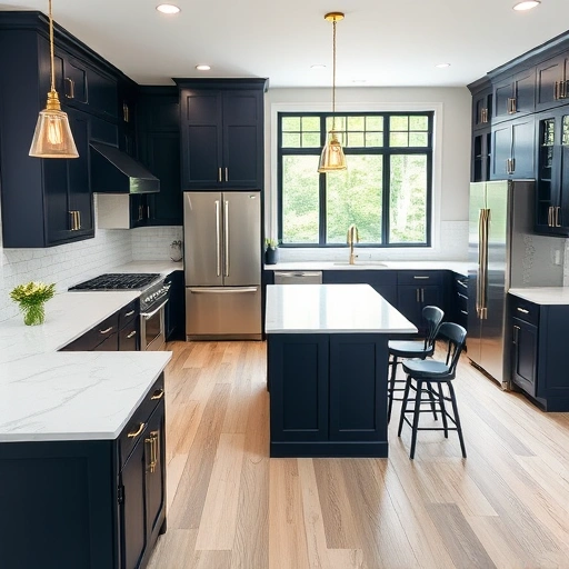 Modern kitchen remodel in Apex NC with navy cabinetry, white quartz countertops, and large windows for natural light.