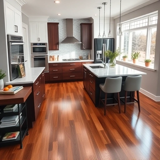 Modern kitchen design in the Triangle area with marble island, high-end appliances, dark wood and white cabinetry, and natural light.