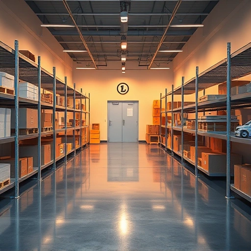 Storage Solutions Installation in the Triangle area featuring organized metal shelving, bins, polished concrete floor, and secure entrance.