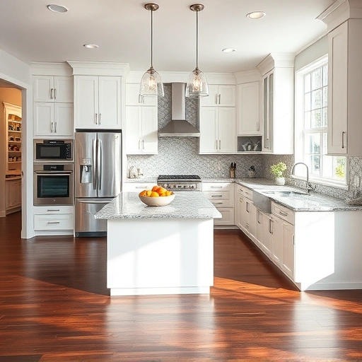 Modern Clayton NC kitchen with white cabinetry, granite countertops, large island, and stainless steel appliances.