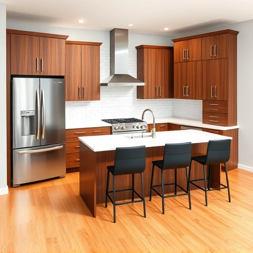 New kitchen installation in Youngsville NC featuring walnut cabinetry, quartz countertops, stainless steel appliances, and hardwood flooring.