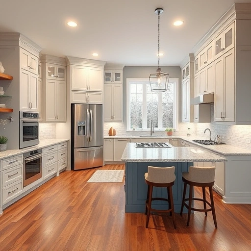 Modern kitchen remodel in Apex NC with gray and white cabinetry, granite countertops, and elegant subway tile backsplash.