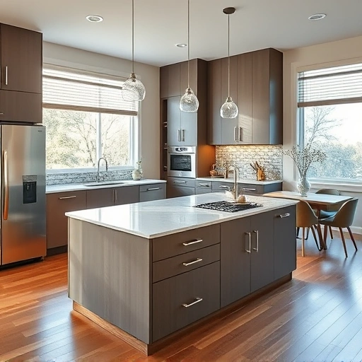 Modern kitchen design in the Triangle area with marble island, stainless steel appliances, and elegant cabinetry.