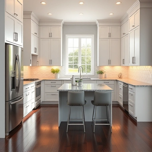 New kitchen installation in Dunn NC features modern cabinetry, stainless steel appliances, polished granite countertops, and dark hardwood flooring.