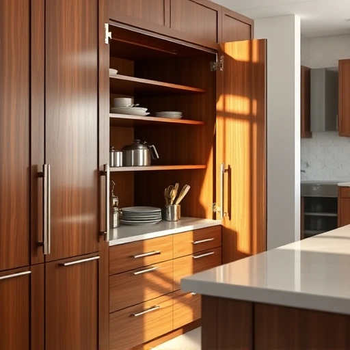 Soft-close hinge installation in a modern kitchen, showcasing polished wood cabinets and organized kitchenware.