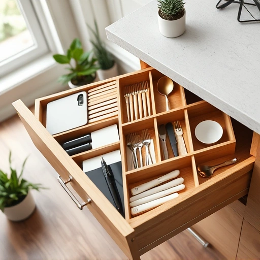Custom wooden drawer organizer installation in the Triangle area with neatly arranged utensils and a modern workspace backdrop.