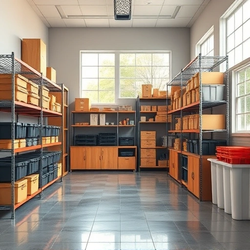Spacious organized storage area in the Triangle area with custom shelving, bins, cabinets, and metal racks showcasing efficiency.