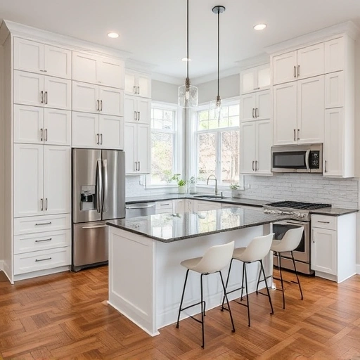Spacious Apex NC kitchen with white cabinetry, quartz countertops, and dark granite island, bright with natural light.
