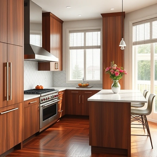 New kitchen installation in Archer Lodge NC features walnut cabinetry, marble countertops, and stainless steel appliances.