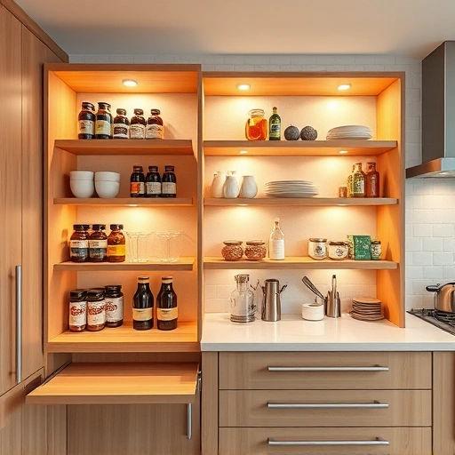 Completed pull-out shelf installation in a stylish Triangle-area kitchen, showcasing organized spices and utensils.
