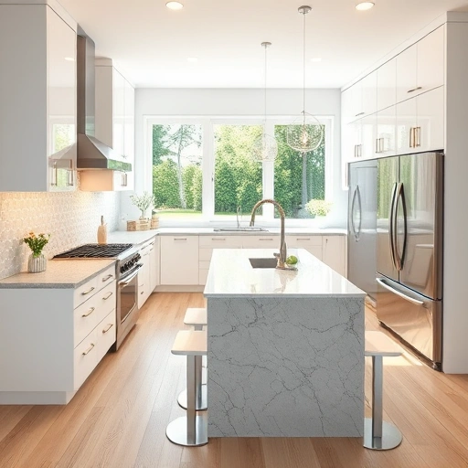 Modern kitchen installation in Apex NC with white cabinetry, brass hardware, gray marble countertops, and natural light.