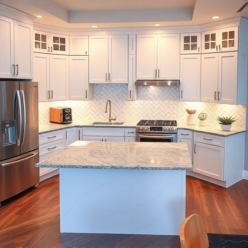 Modern kitchen installation in Willow Spring NC with white cabinetry, quartz countertops, and spacious island design.
