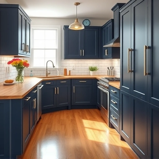 Modern kitchen in the Triangle area with navy blue cabinets, warm wood countertops, and elegant brushed brass hardware.