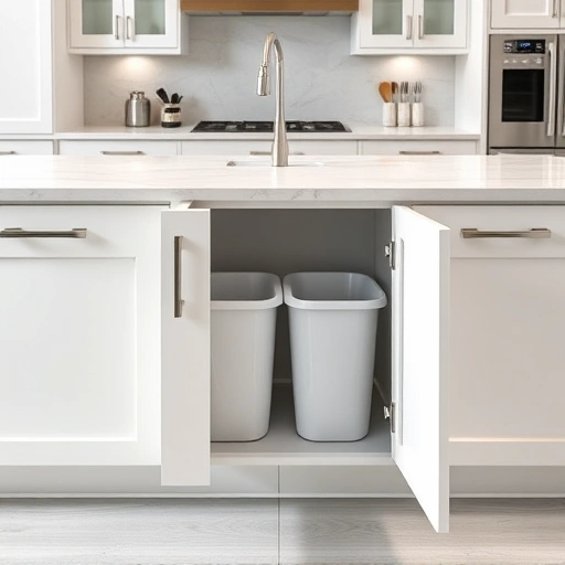 Completed Trash Pull-Out Cabinet Installation in the Triangle area with sleek matte white doors and polished chrome handles.