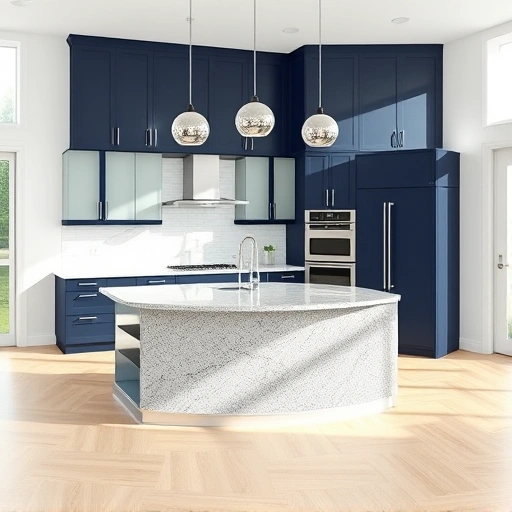 Modern kitchen peninsula in the Triangle area with navy cabinetry, granite countertops, pendant lighting, and oak flooring.