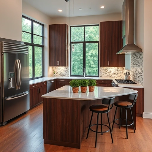 Modern kitchen installation in Clayton NC featuring high-end appliances, dark wood cabinetry, and white quartz countertops.