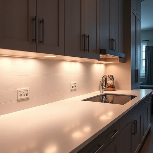 Under-cabinet lighting installation in a modern Triangle-area kitchen showcasing sleek cabinetry and warm LED illumination.