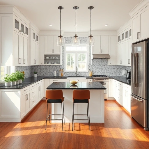 Modern kitchen installation in Willow Spring NC featuring white cabinetry, dark granite, stainless steel appliances, and hardwood floors.