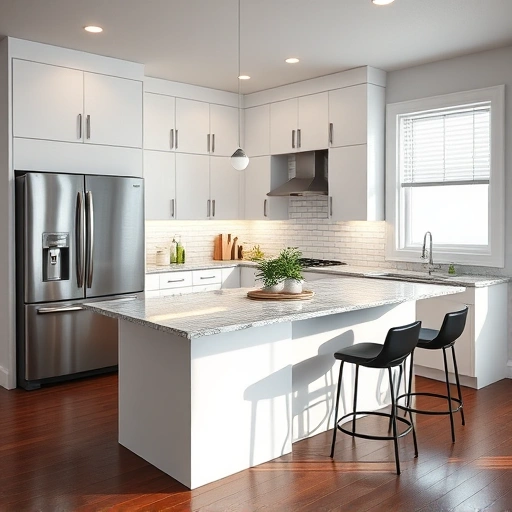 New kitchen installation in Princeton, NC features modern white cabinetry, granite island, stainless appliances, and natural light.