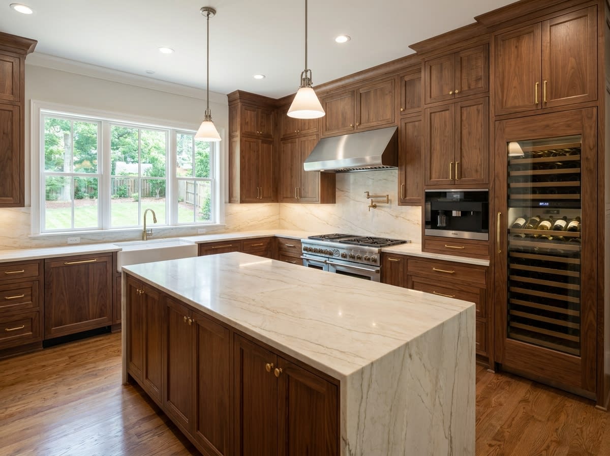 Luxury kitchen design with custom walnut cabinets and Taj Mahal quartzite countertops