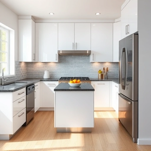 Modern kitchen installation in Carrboro NC with sleek white cabinetry, dark granite counters, and stainless steel appliances.