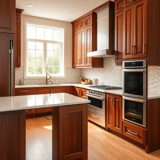 Elegant semi-custom kitchen with rich wood cabinetry, quartz countertop, and mosaic backsplash in natural light.