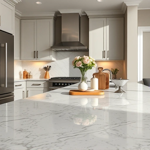 Quartz countertop installation in modern kitchen with elegant cabinetry, soft lighting, and decorative elements in the Triangle area.