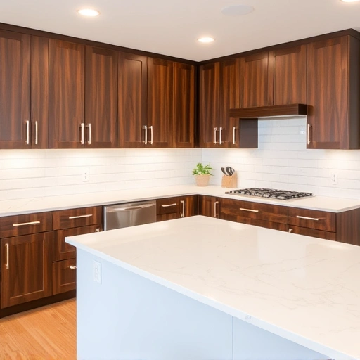 Modern kitchen in the Triangle area featuring custom dark wood cabinets, white quartz countertops, and elegant subway tile backsplash.