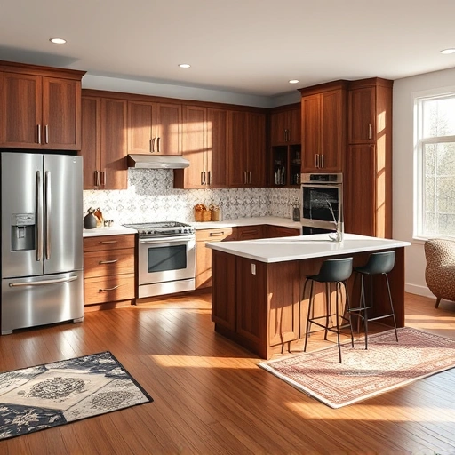 New kitchen installation in New Hill NC featuring walnut cabinetry, white quartz countertops, and modern appliances.
