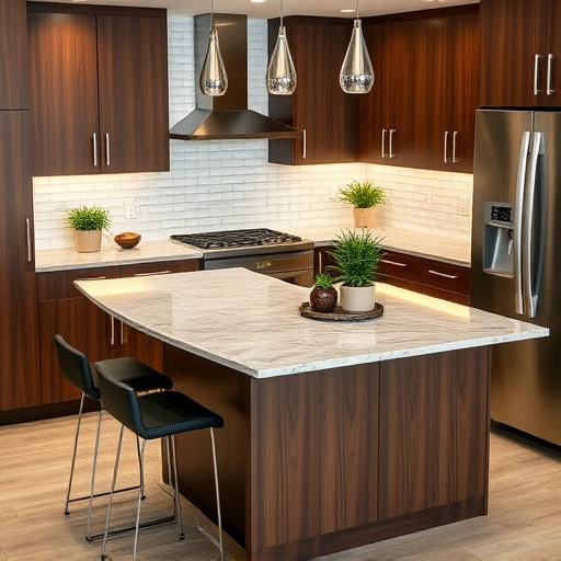 Completed kitchen peninsula installation in the Triangle area featuring granite countertop, dark cabinetry, and stylish bar stools.