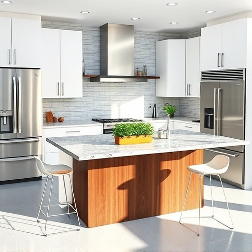 Modern kitchen island installation in the Triangle area featuring white cabinetry, granite countertops, and walnut finishes.