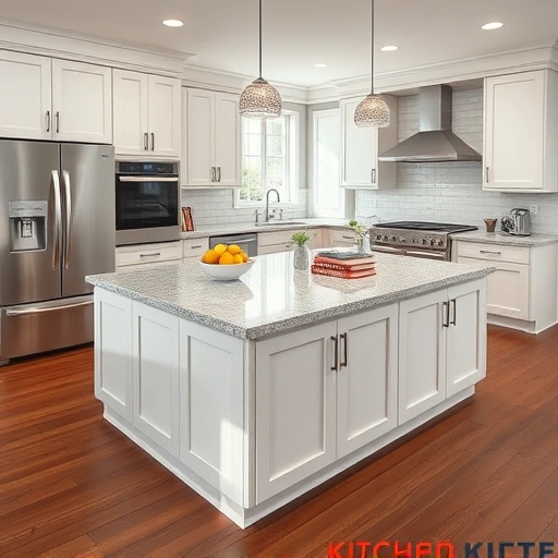Modern kitchen island installation in the Triangle area with granite countertops, elegant cabinetry, and natural light.