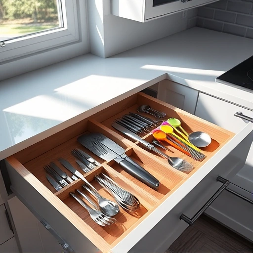 Completed drawer organizer installation in the Triangle area with neatly arranged kitchen utensils and elegant wooden dividers.