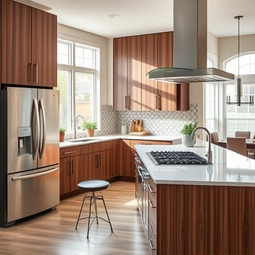 Modern kitchen in Louisburg NC with walnut cabinetry, quartz countertops, stainless steel appliances, and natural light.