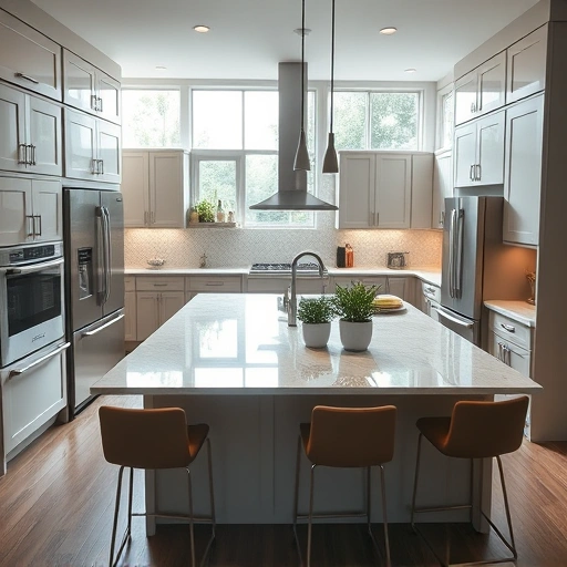Modern kitchen installation in Louisburg NC features sleek cabinetry, stainless steel appliances, and a marble countertop.