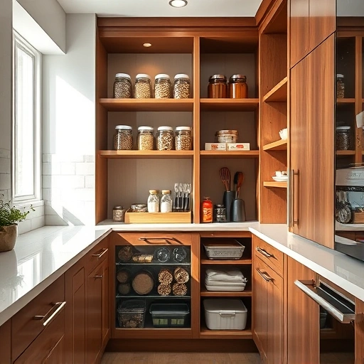 Completed kitchen pantry in the Triangle area with custom cabinetry, organized dry goods, and elegant decor in soft lighting.
